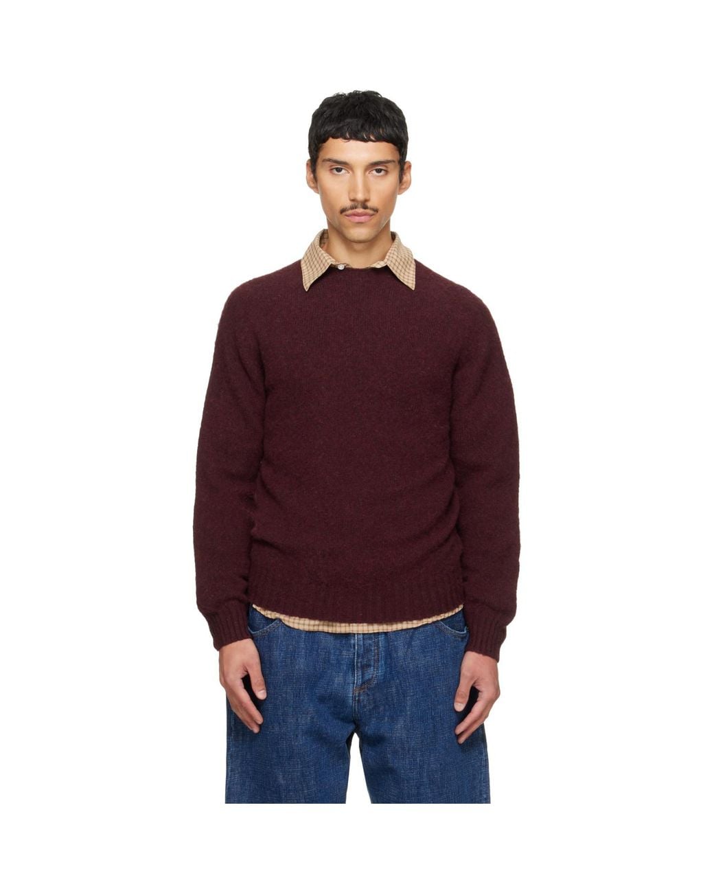 Drake's Red Burgundy Brushed Shetland Crew Neck Sweater for men