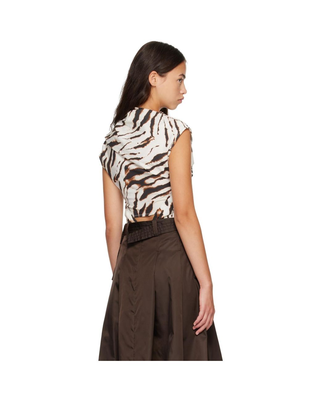 Ganni Brown Off- Printed Stretch Cotton Ruched Top