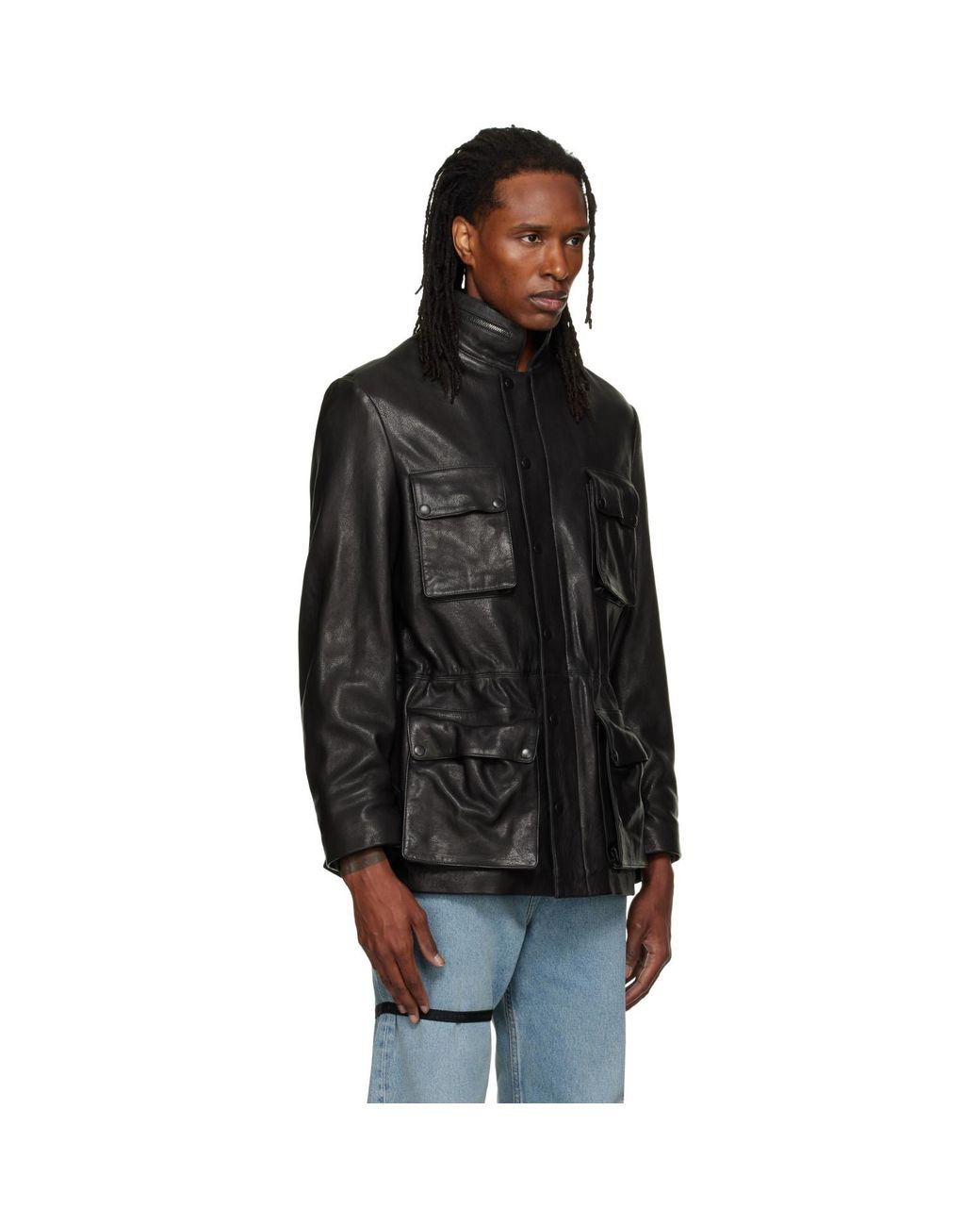ALAINPAUL Black Multi Pocket Leather Jacket for men