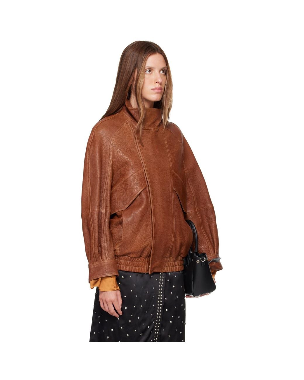 Nour Hammour Brown Tan Ariste Leather Bomber Jacket