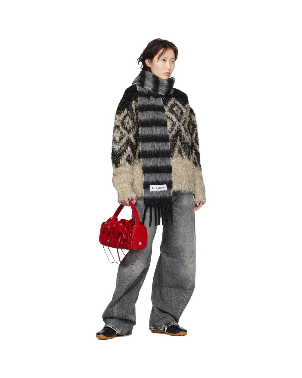 Acne Black Fringed Wool Skinny Scarf