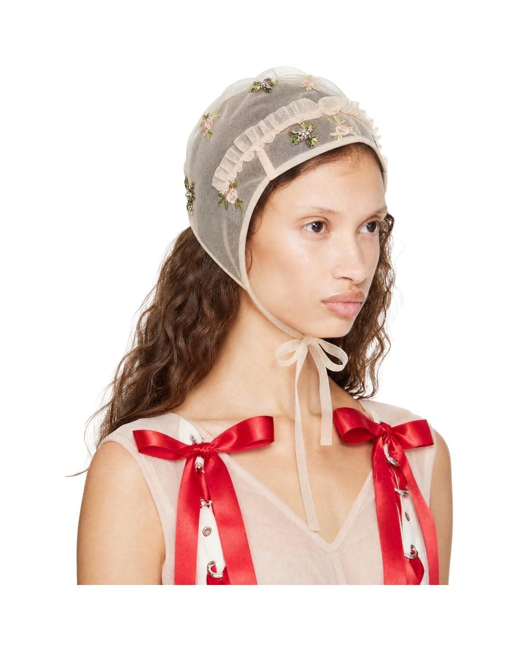 Simone Rocha Red Frill Embellished Bonnet