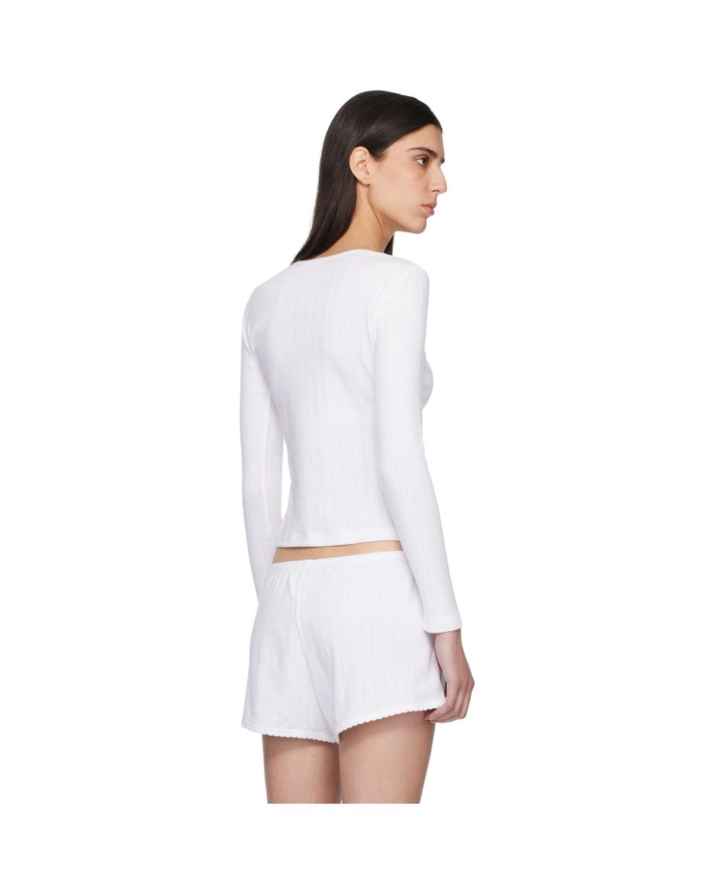 Leset White Pointelle Long Sleeve Henley