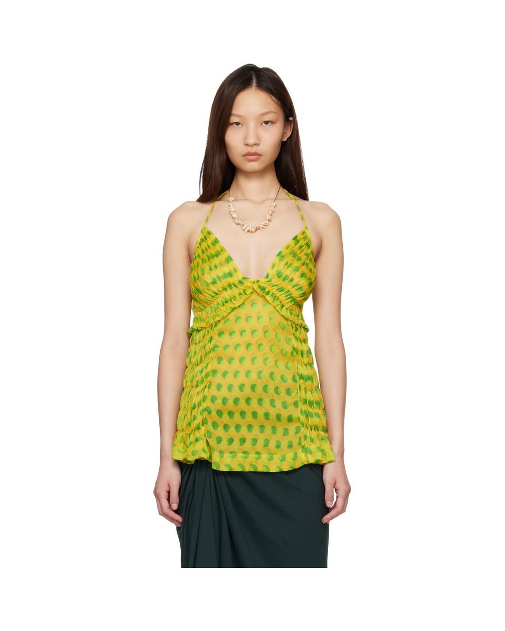 Dries Van Noten Yellow Optical Polka Dot Silk Halter Top