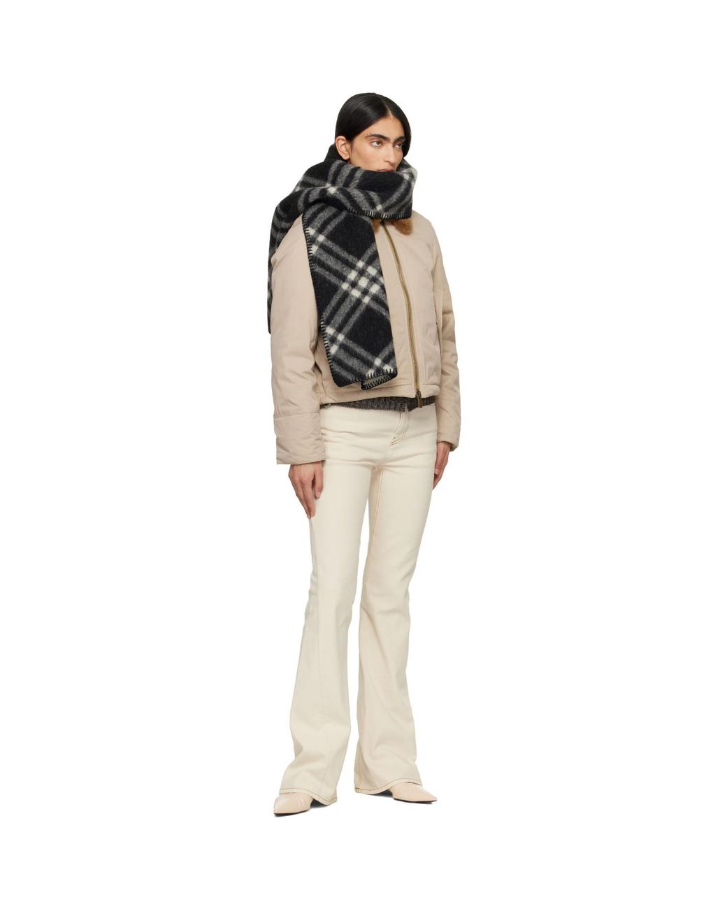 Burberry Natural Shearling Collar Gabardine Down Bomber Jacket