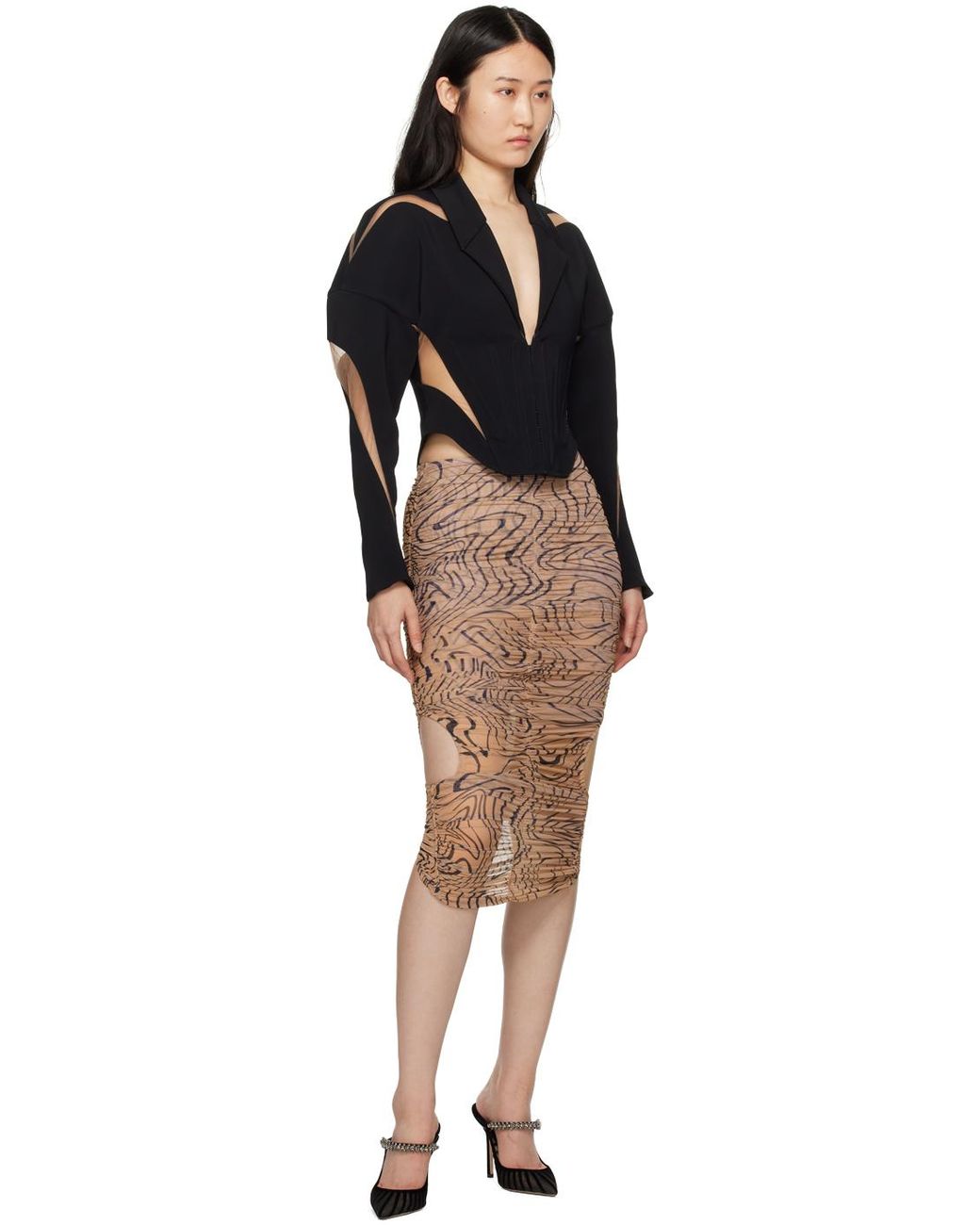 Mugler Black Tan Draped Midi Skirt