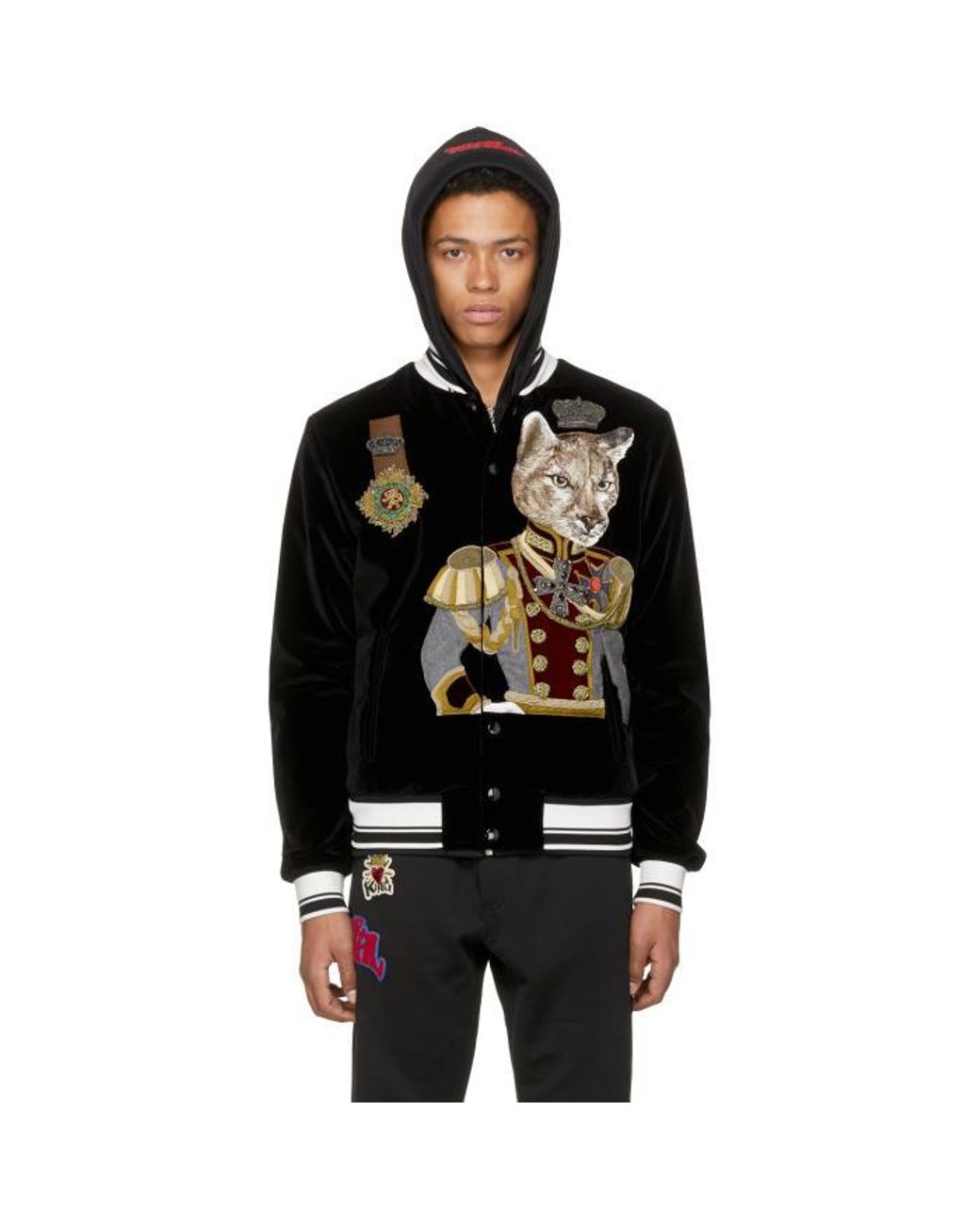 Dolce Gabbana Black Velvet Royal Cat Bomber Jacket for Men