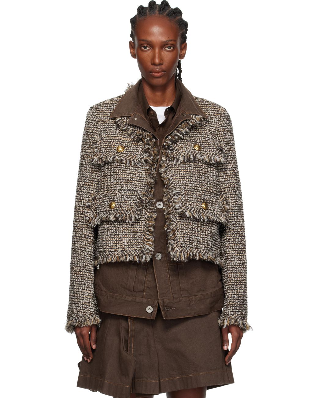 Sacai Tweed Denim Jacket in Brown | Lyst