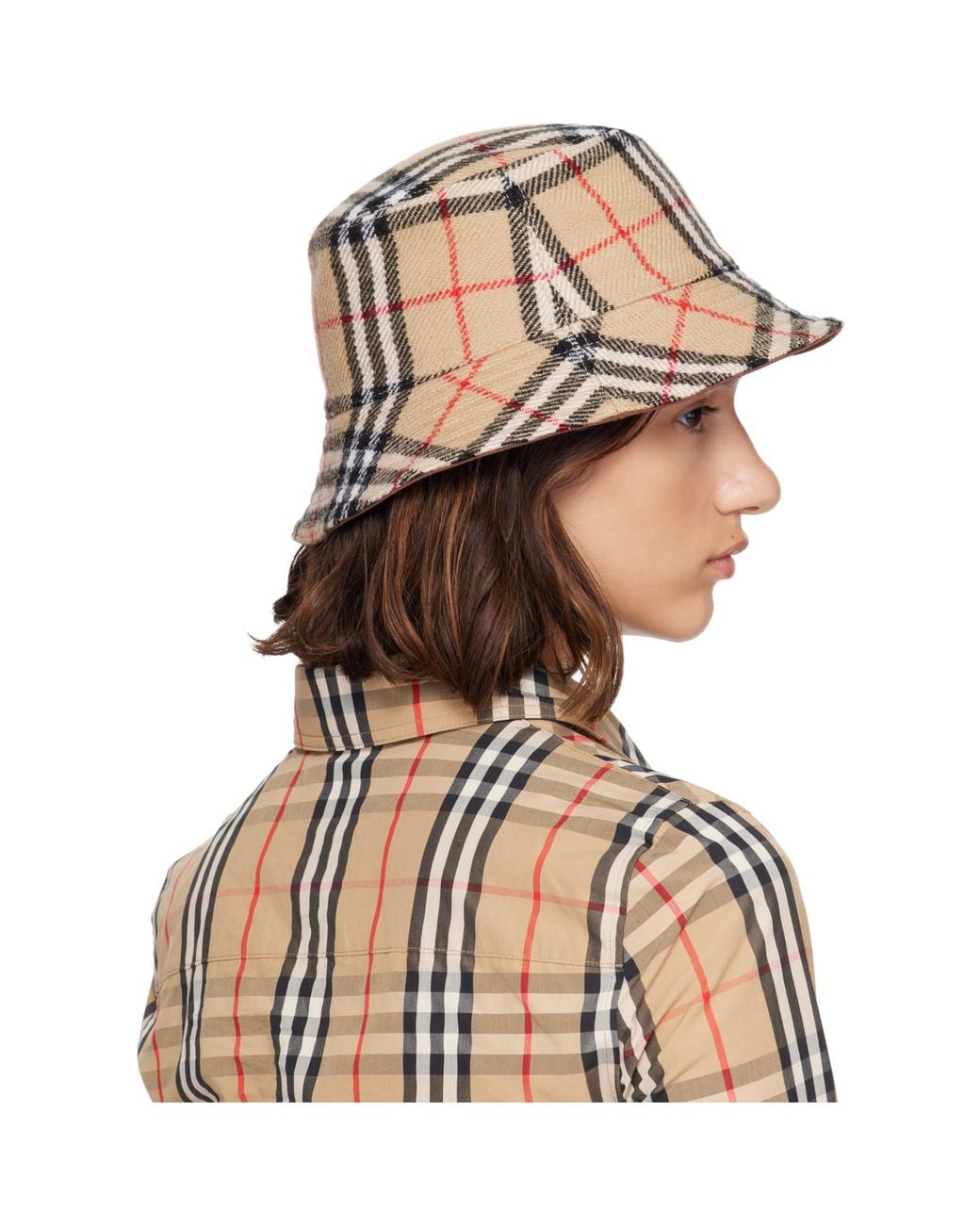 Burberry Brown Wool Check Reversible Bucket Hat