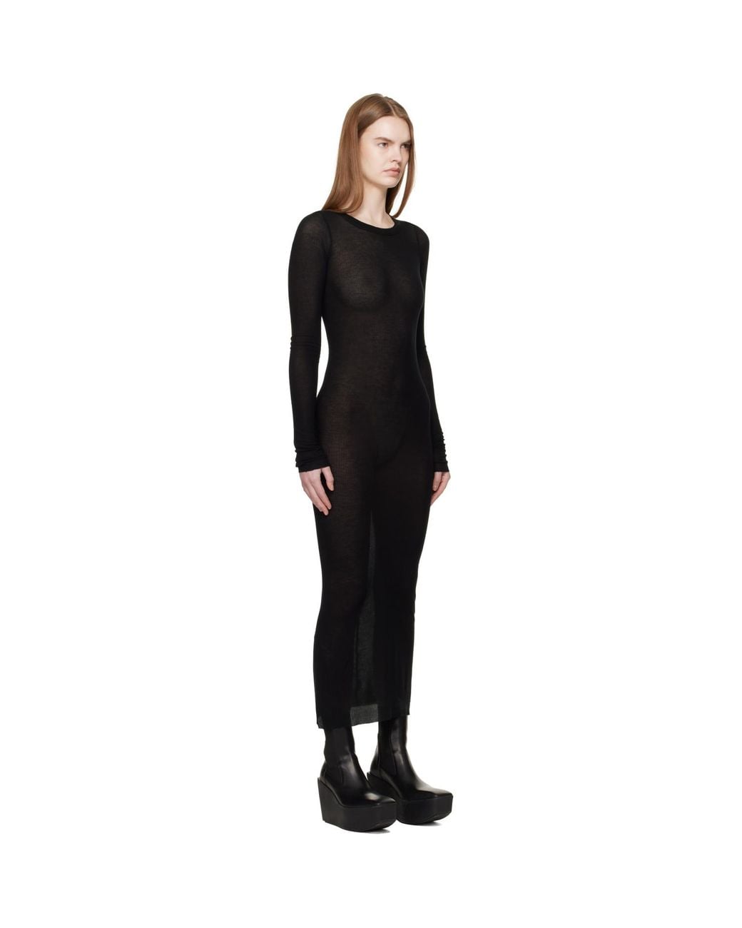Rick Owens Black Temple Rib Ls Midi Dress