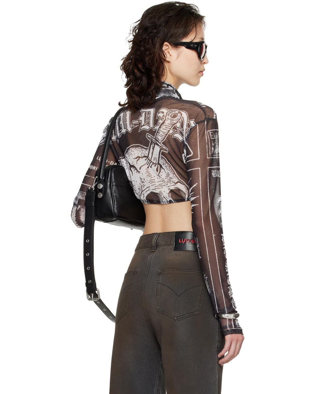 Lu'u Dan Black Masked Mesh Crop Top