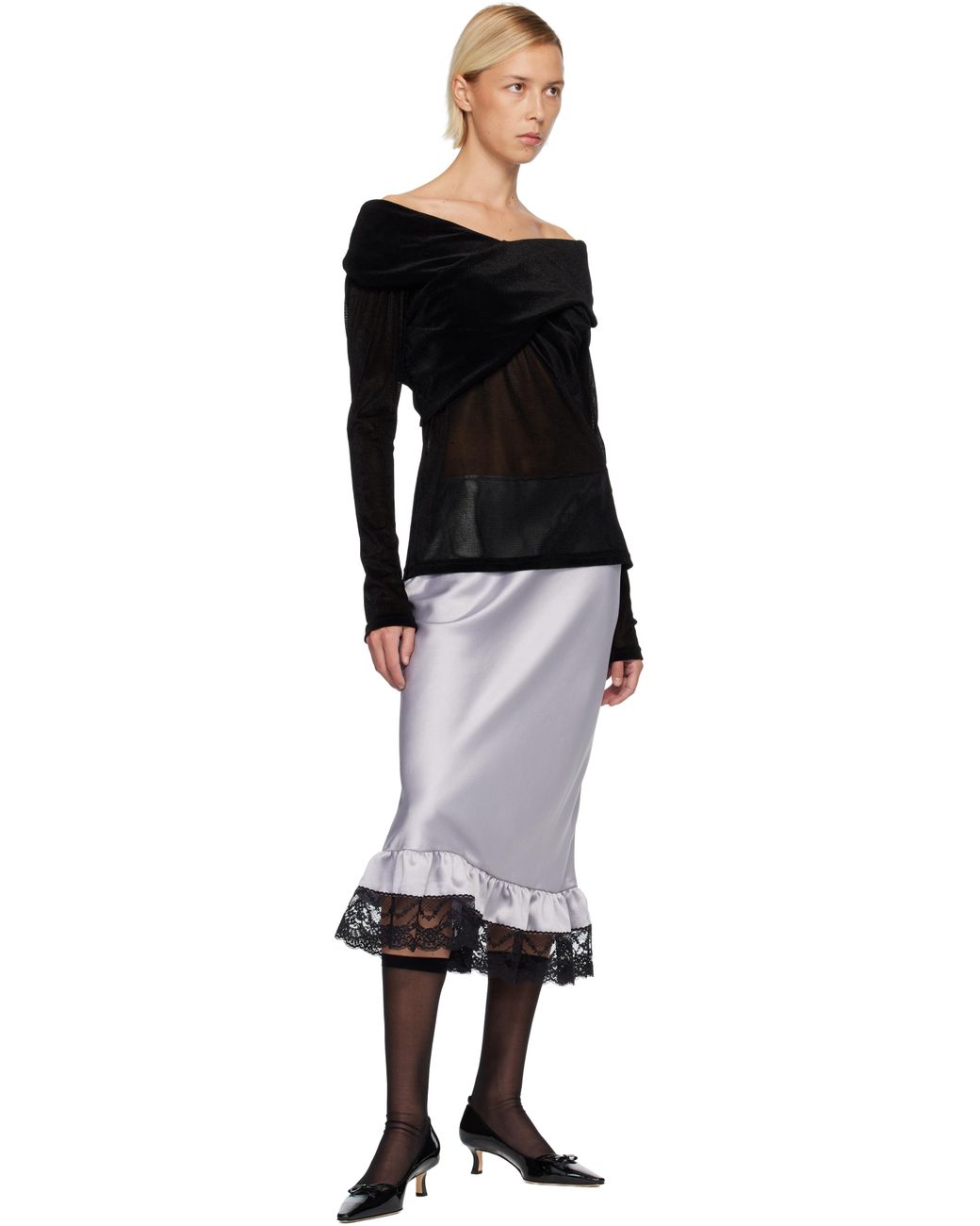 Anna Sui Black Velvet Mesh Off The Shoulder Top