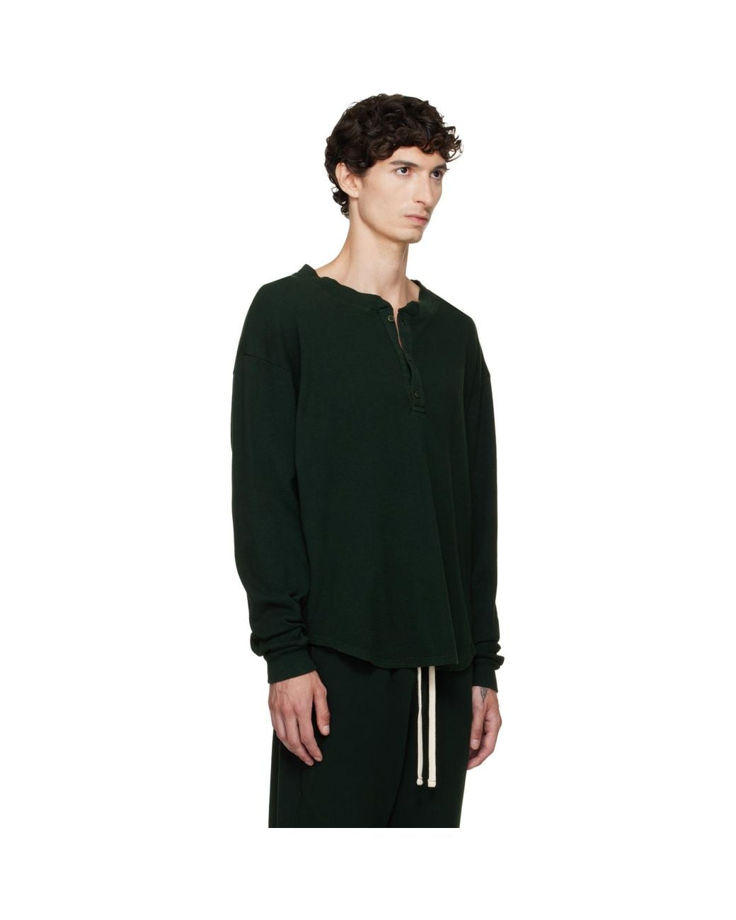Les Tien Green Thermal Baseball Hem Henley for men