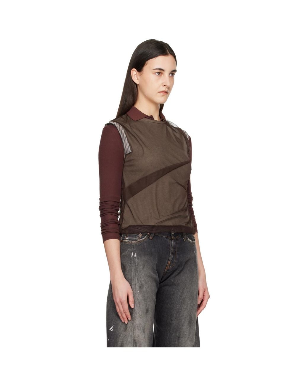 ANDERSSON BELL Black Layered Mesh Tuck & Dart Top