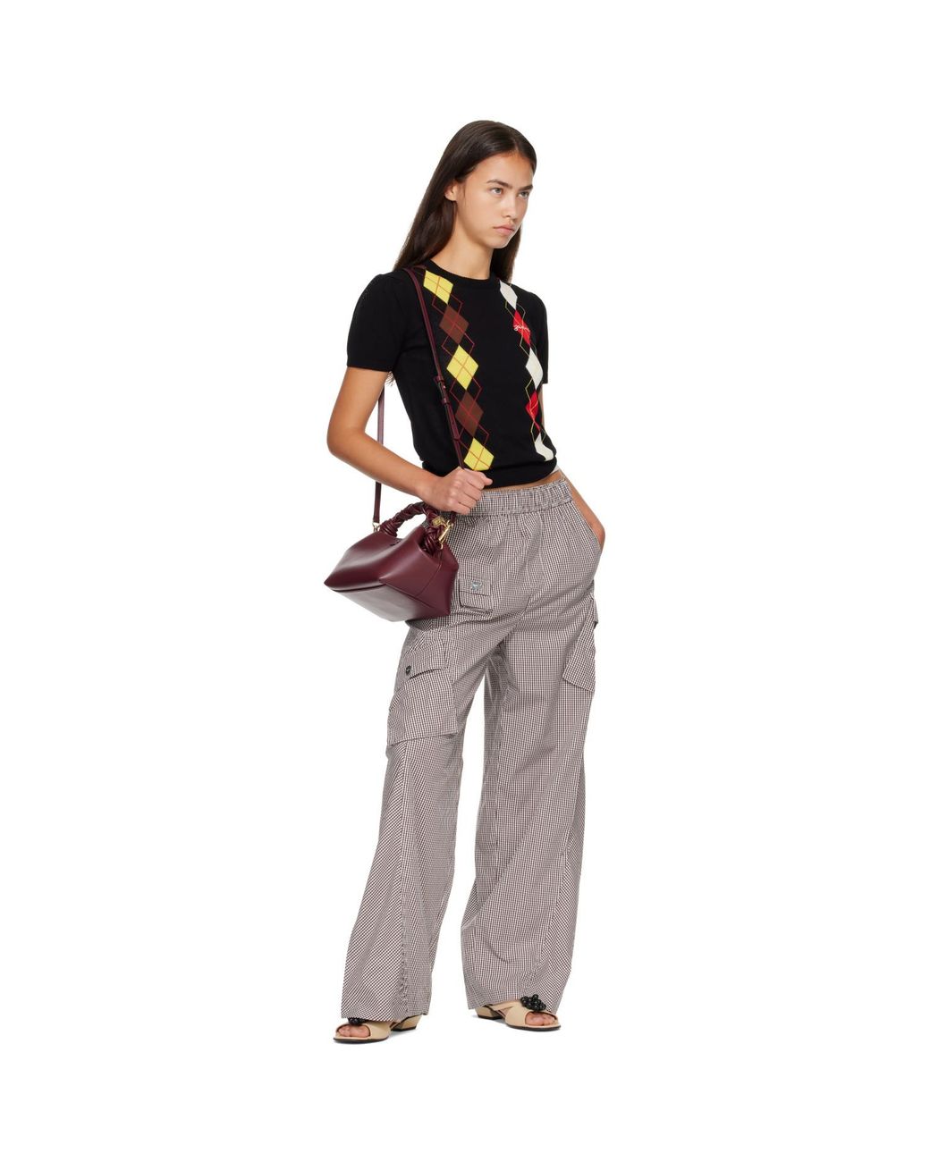 Ganni Gray Check Cotton Cargo Pants