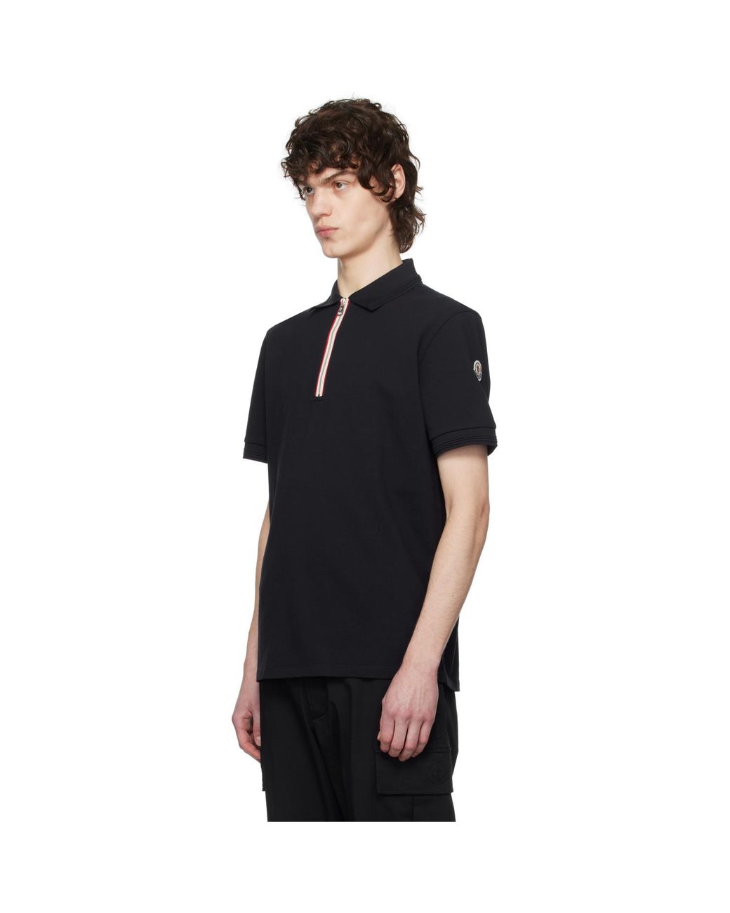 Moncler Black Tricolour Trim Cotton Piquet Polo for men