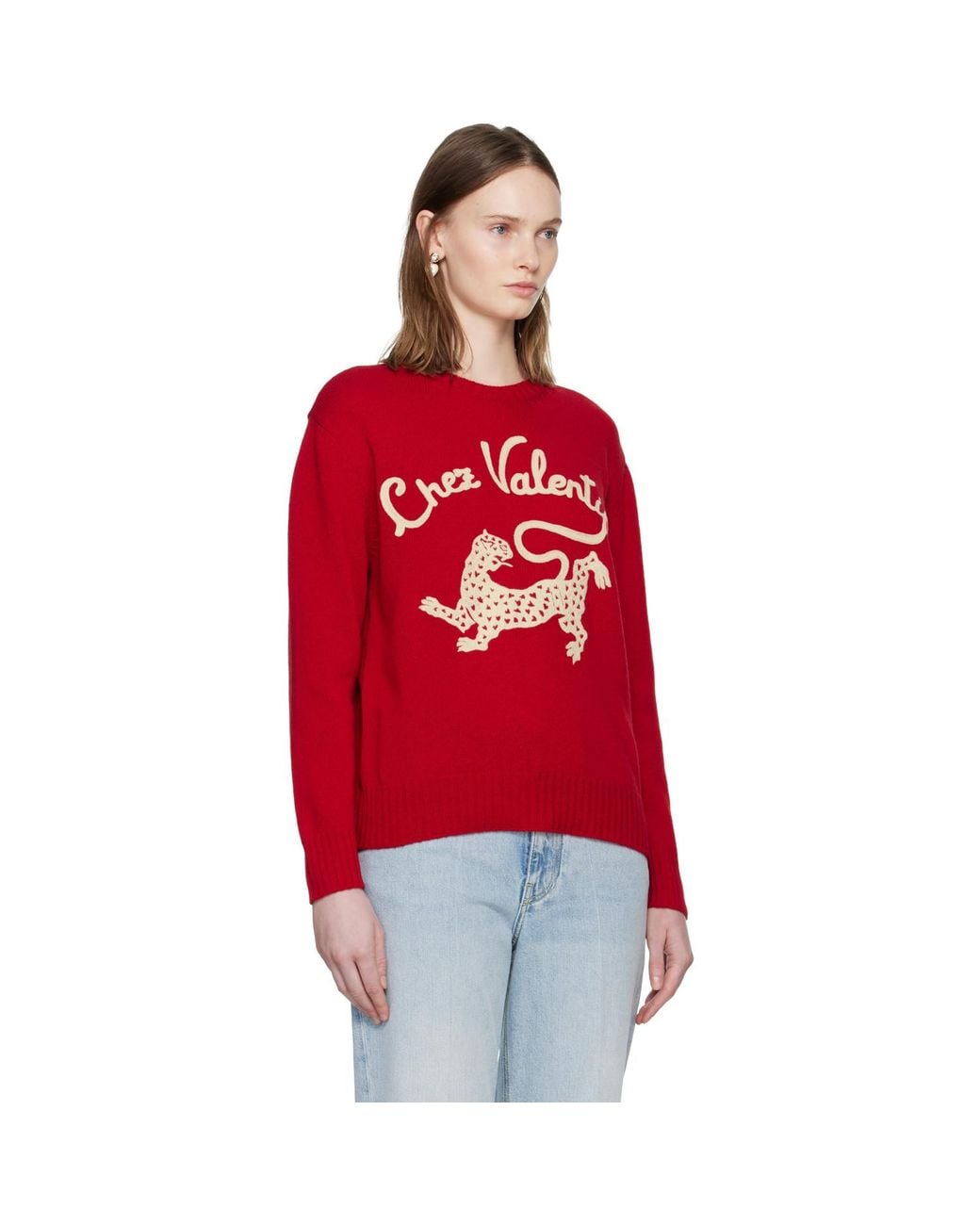 Valentino Red Wool 'Chez & Panther Embroidery Sweater