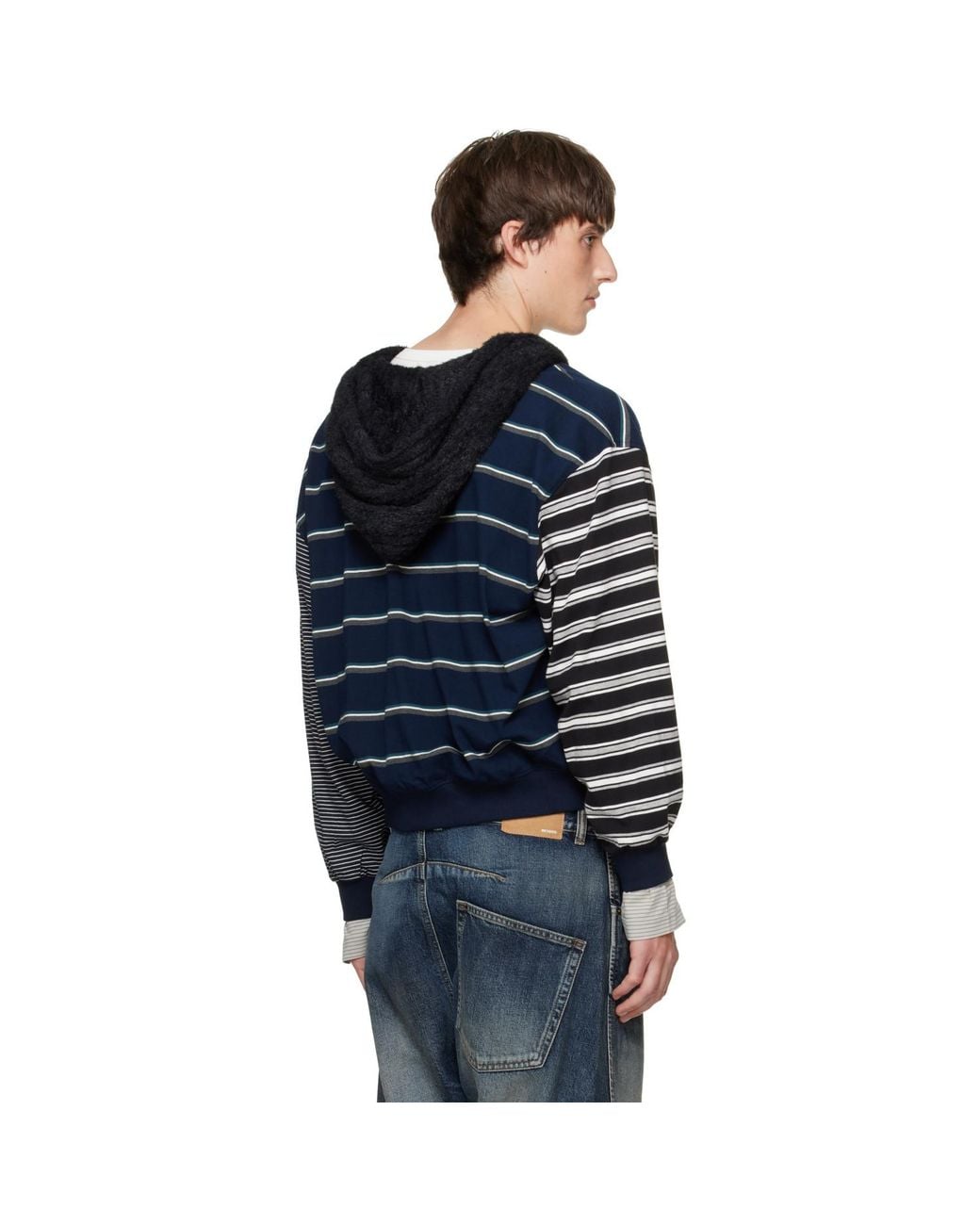 we11done Blue Layered Striped Zip-Up Hoodie for men