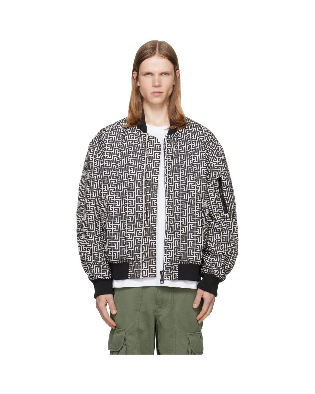 Balmain Gray Monogram Bomber Jacket for men