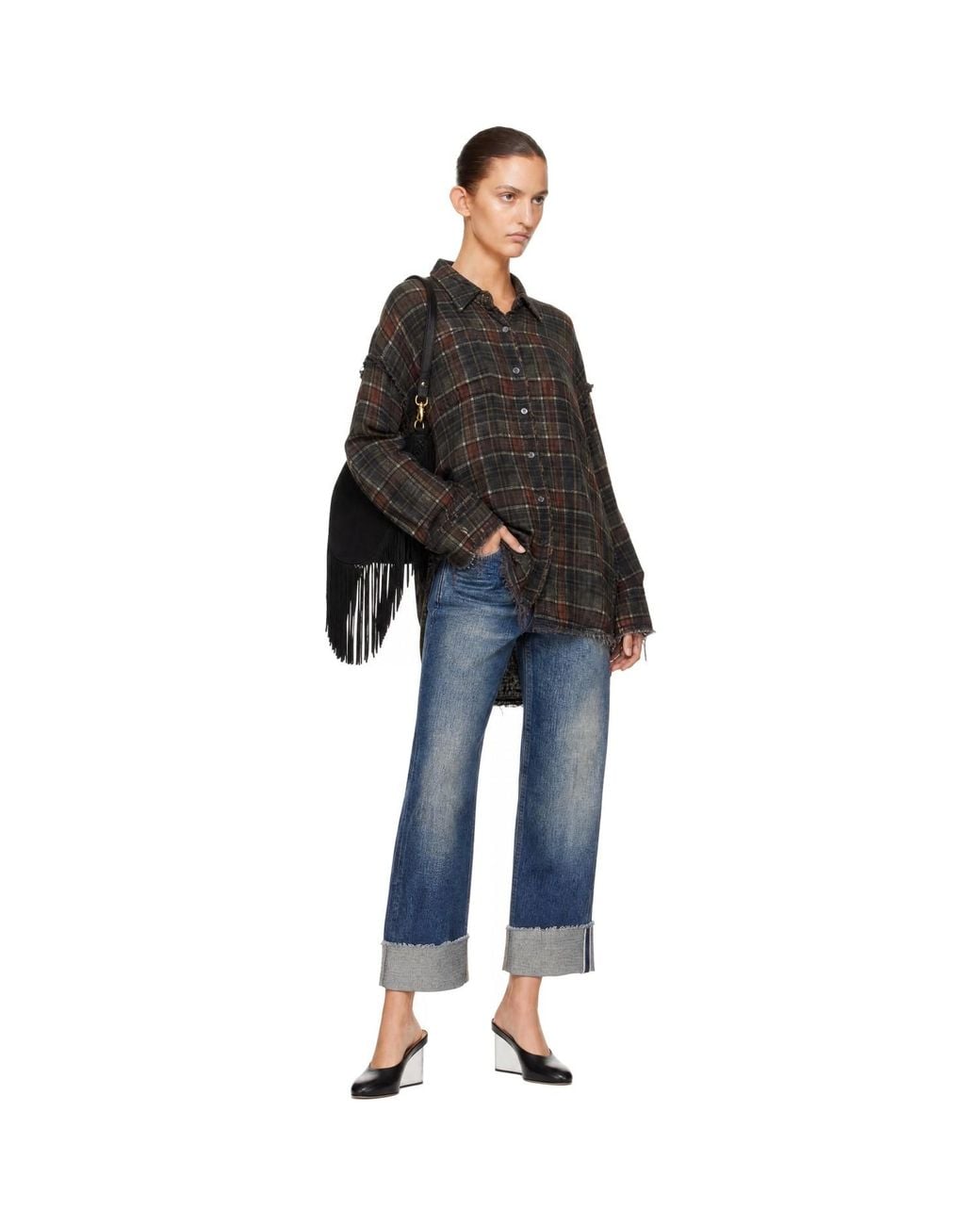 R13 Black Shredded Seam Drop Neck Reversible Shirt