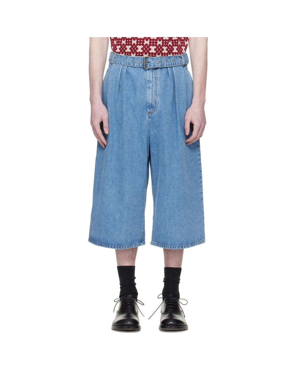 Dries Van Noten Blue Pleated Denim Shorts for men