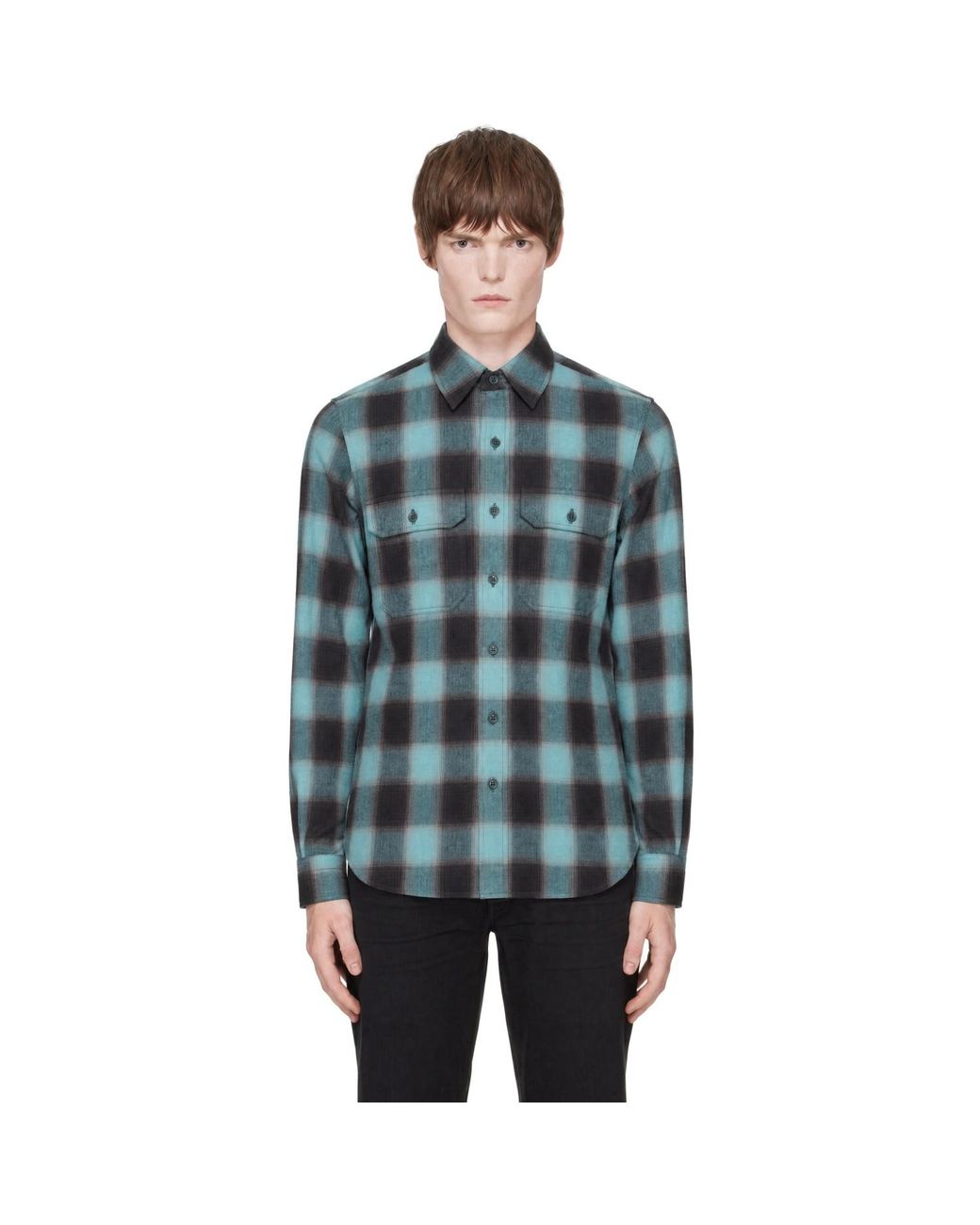 Tom Ford Blue Brushed Check Military Fit Shirt for men