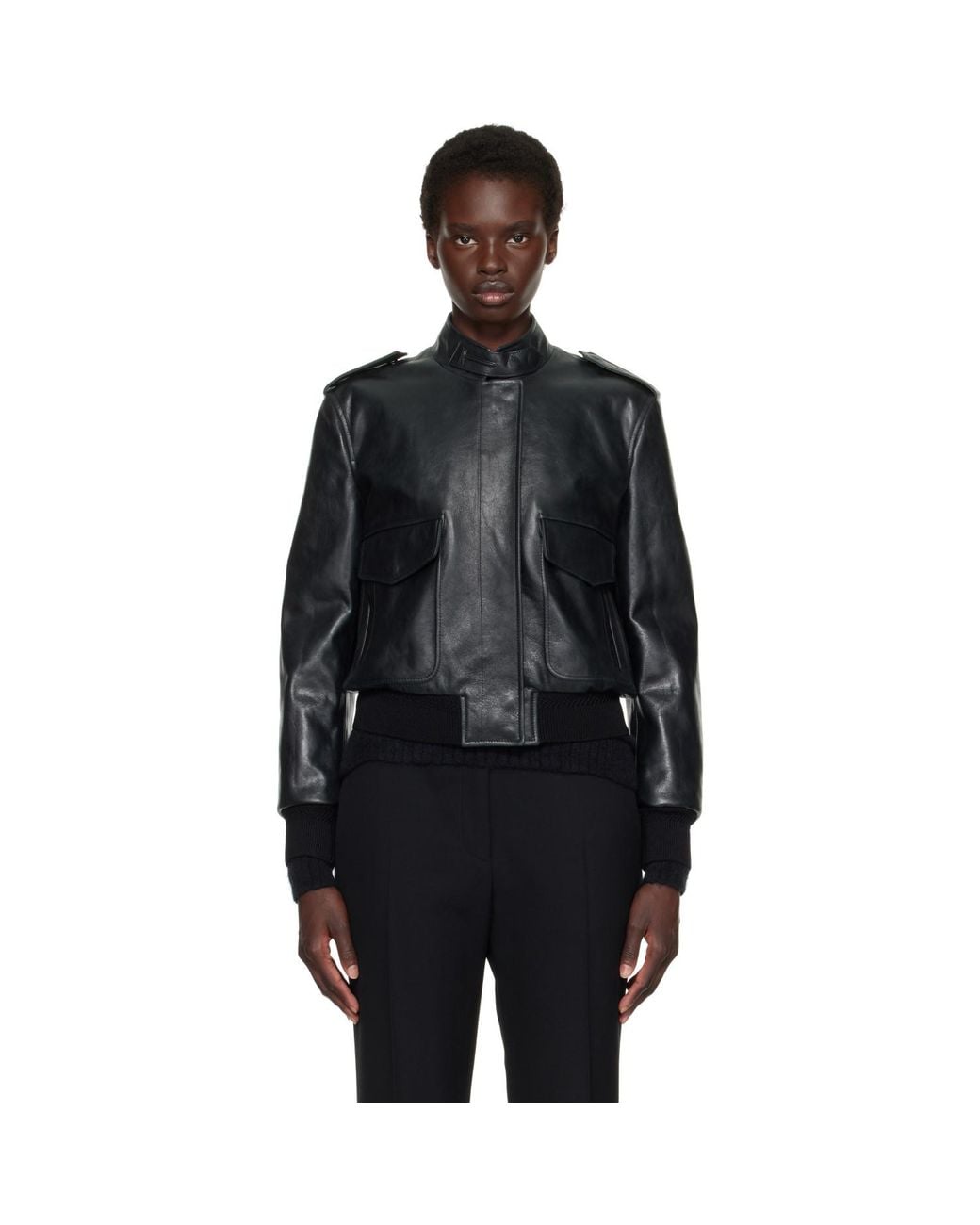 Tom Ford Black Natural Grain Leather Aviator Jacket