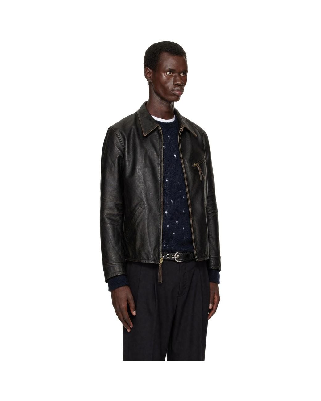 RRL Black Leather Newsboy Jacket for men