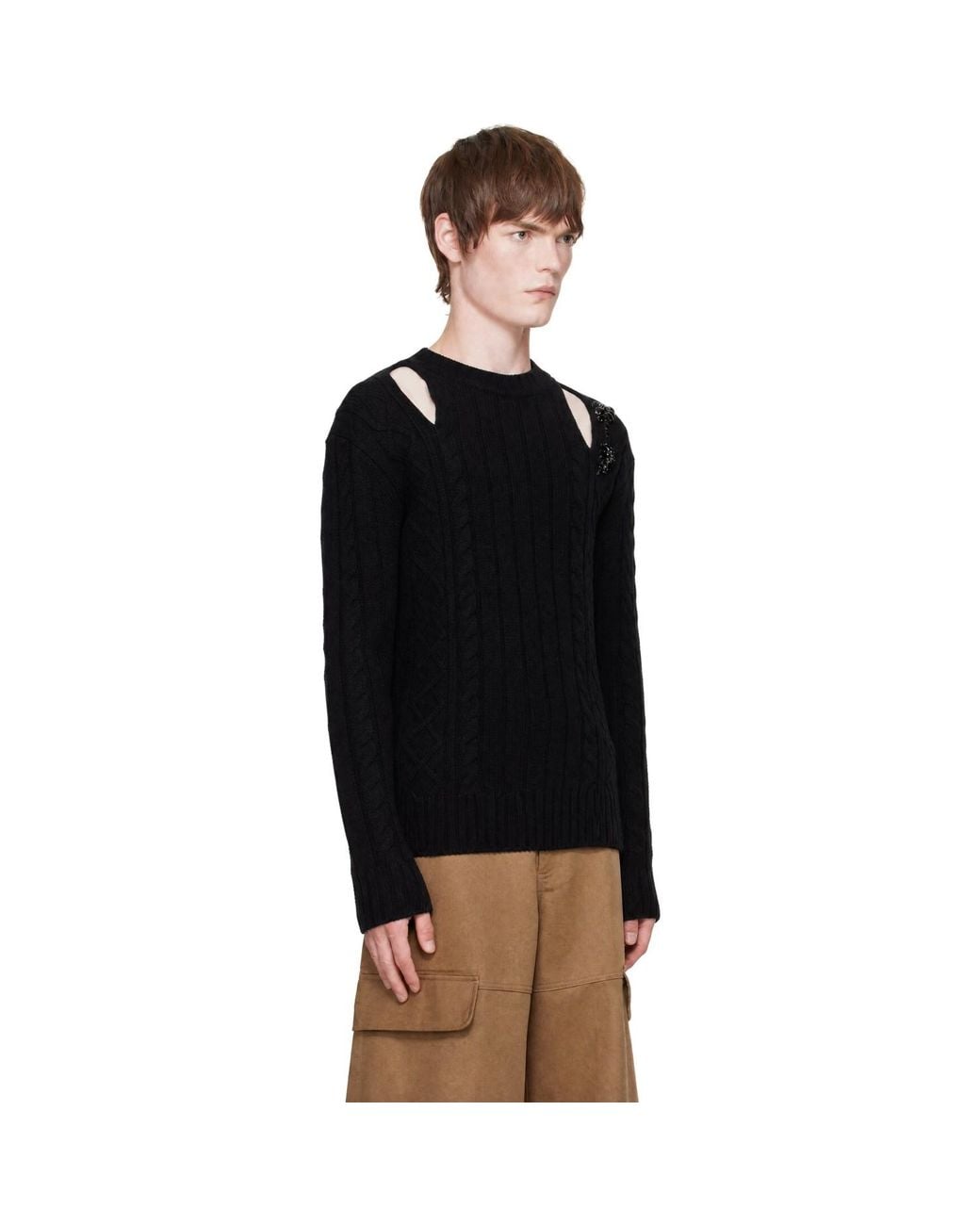 Simone Rocha Black Embellished Cable Knit Slash Sweater for men