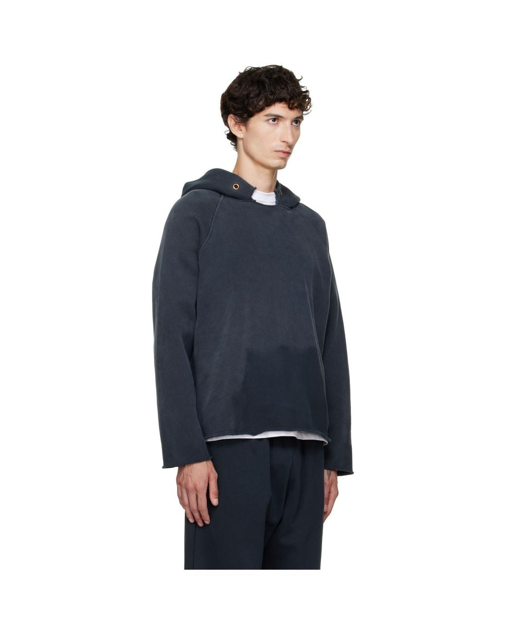 Les Tien Blue Heavyweight Raw Raglan Hoodie for men