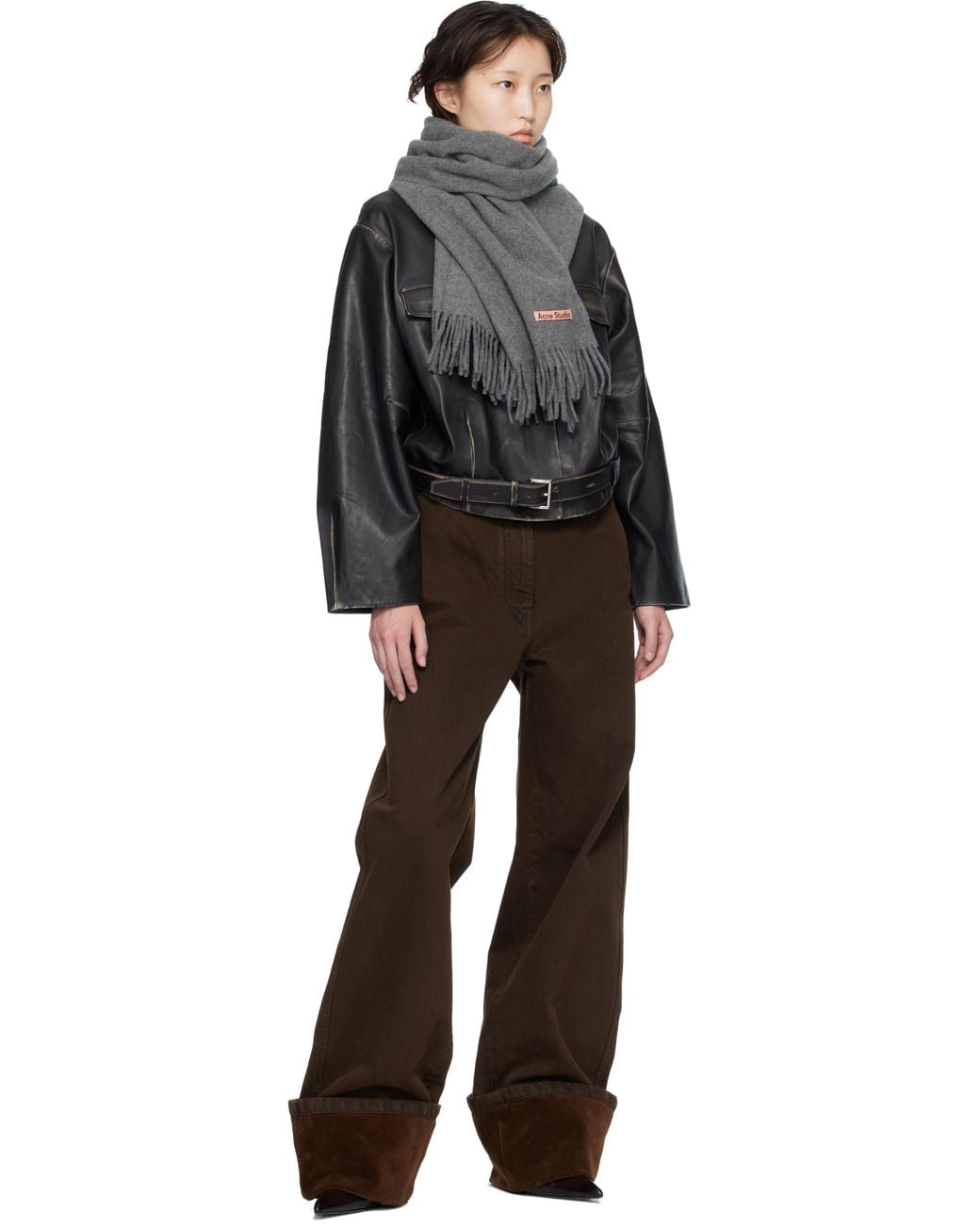 Acne ブラック Fringe Wool Narrow マフラー Gray