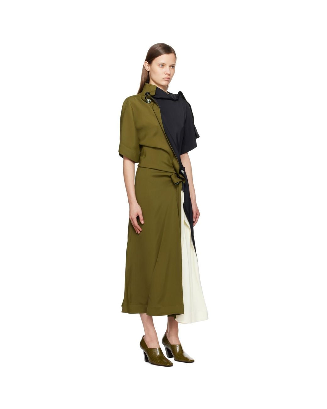 Bottega Veneta Black Khaki Fluid Viscose Piercing Maxi Dress