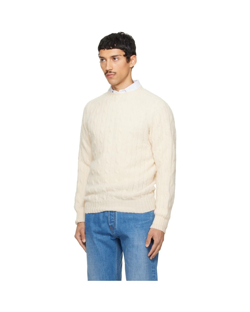 Drake's White Off- Brushed Shetland Cable Knit Sweater for men