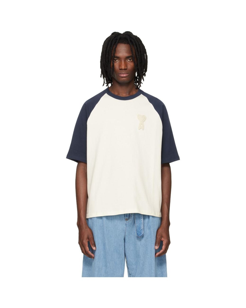 AMI Blue Cotton Ami De Coeur Knitted Patch T-Shirt for men