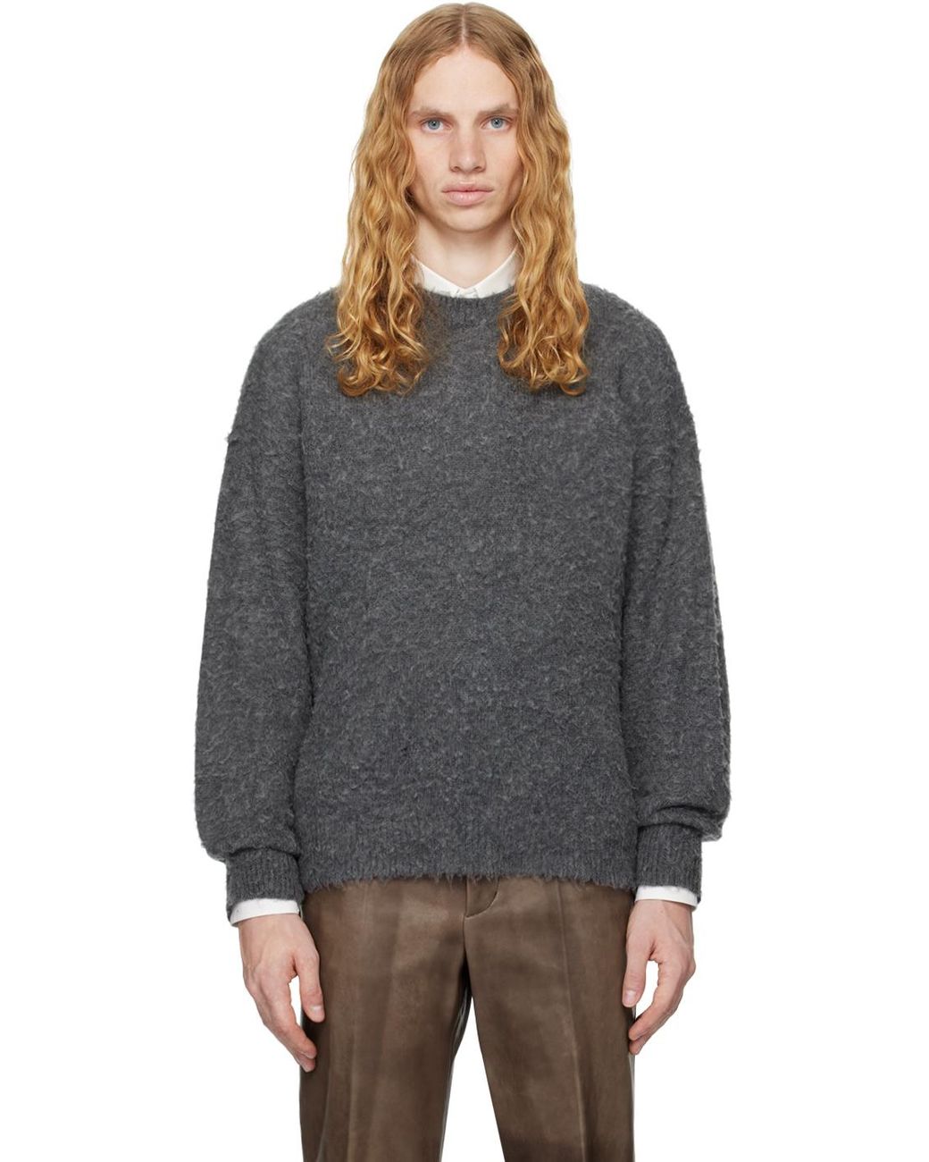 AURALEE Brushed Wool Cashmere Silk Crewneck Sweater in Gray AURALEE Brushed Wool Cashmere Silk Crewneck Sweater in Gray