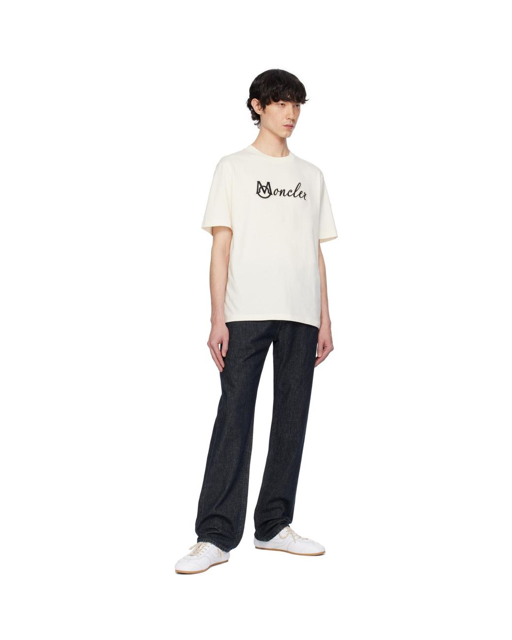 Moncler White Off- Embroidered Varsity Logo Cotton T-Shirt for men