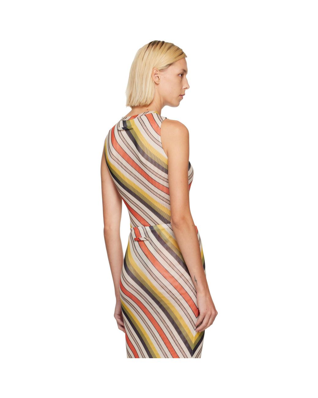 Jean Paul Gaultier Pink Mesh Tank Top Printed Retro Stripe Bodysuit