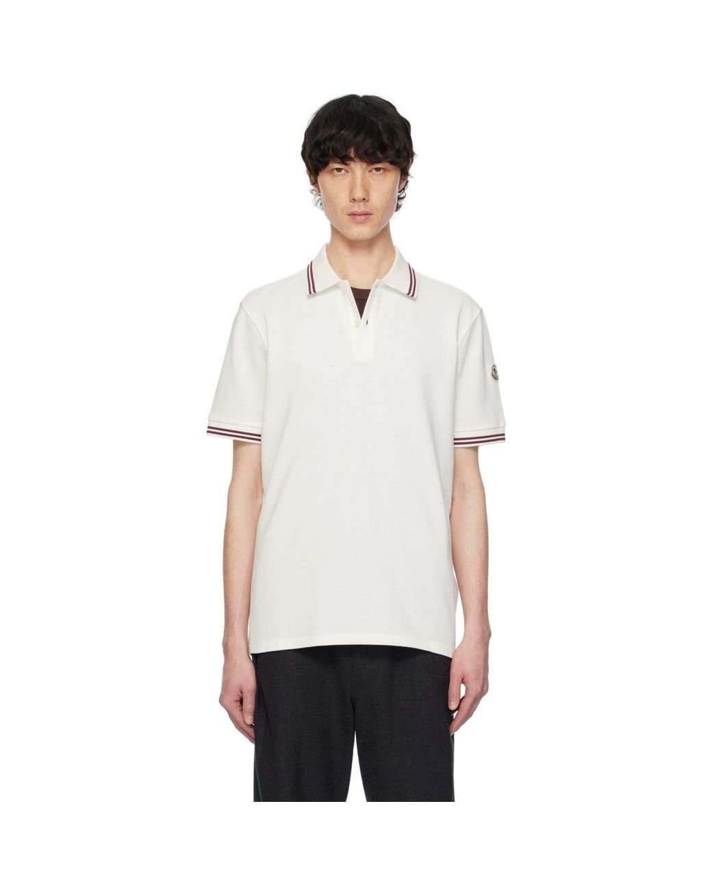 Moncler White Striped Trim Cotton Piquet Polo for men