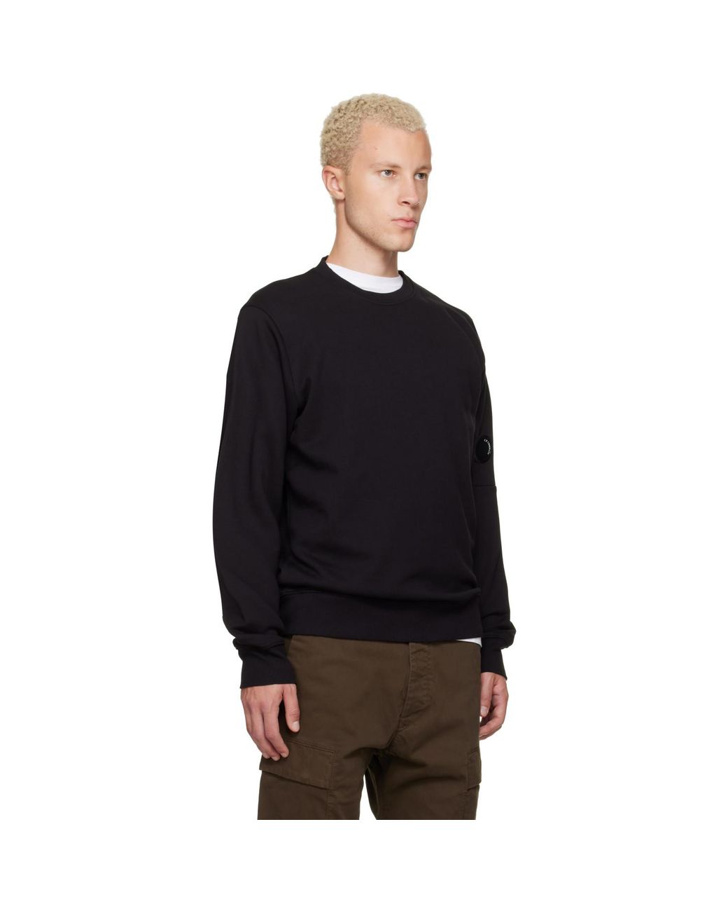 C P Company Black Diagonal Raised Fleece Crewneck Lens Sweatshirt for men