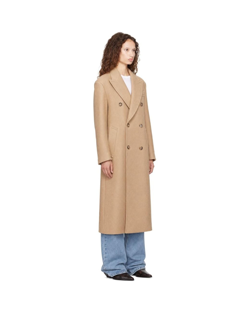 AMI Natural Long Double-Breasted Wool Coat