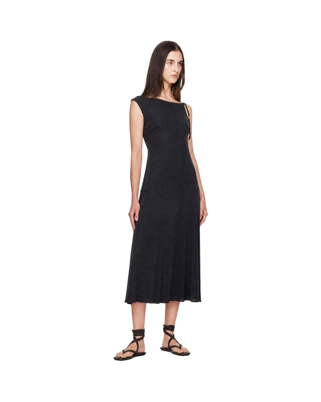 St. Agni Black Silk Drape Back Midi Dress