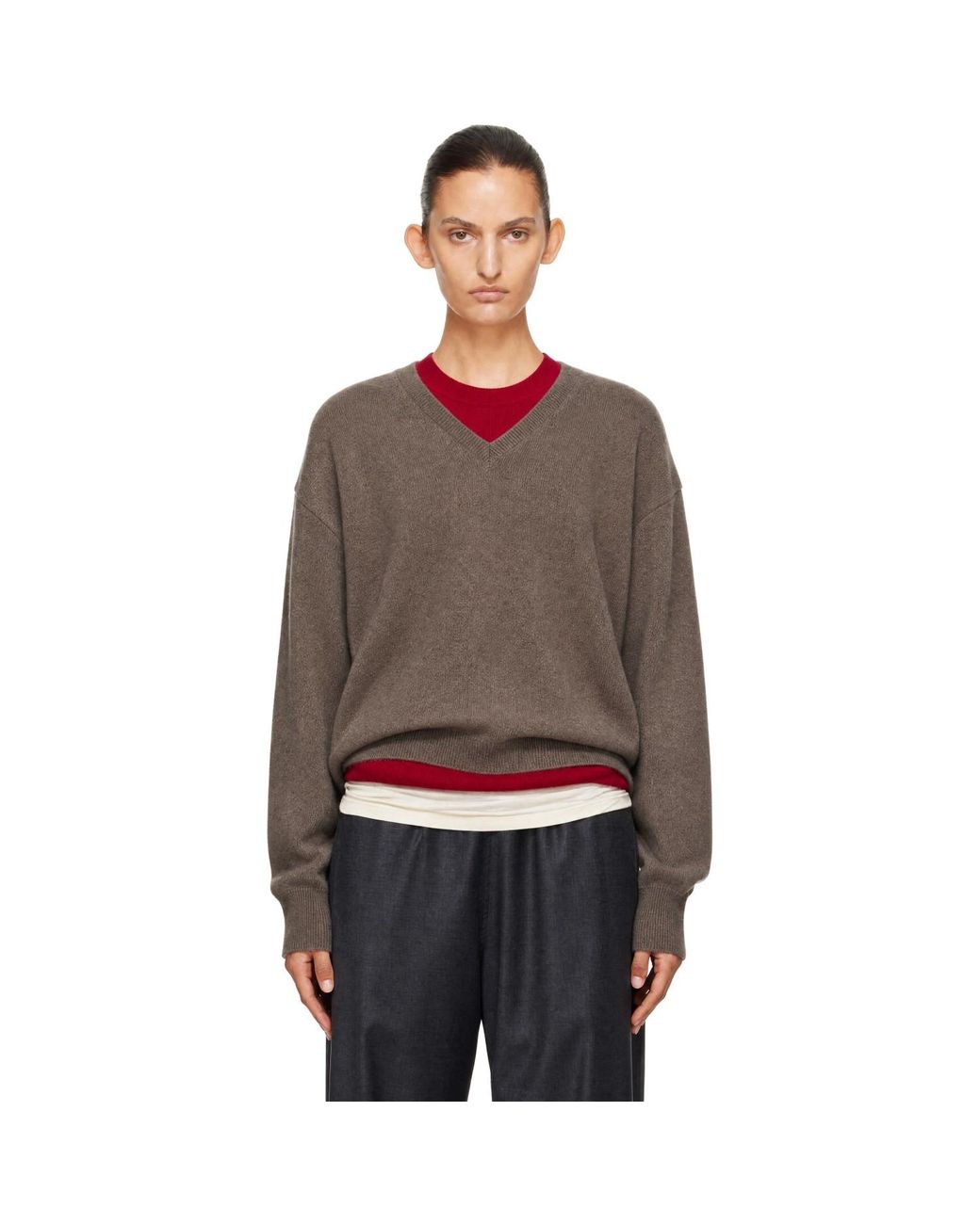 Ssstein Brown Pure Cashmere Knit V-Neck Sweater
