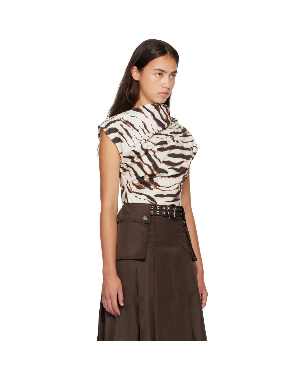 Ganni Brown Off- Printed Stretch Cotton Ruched Top