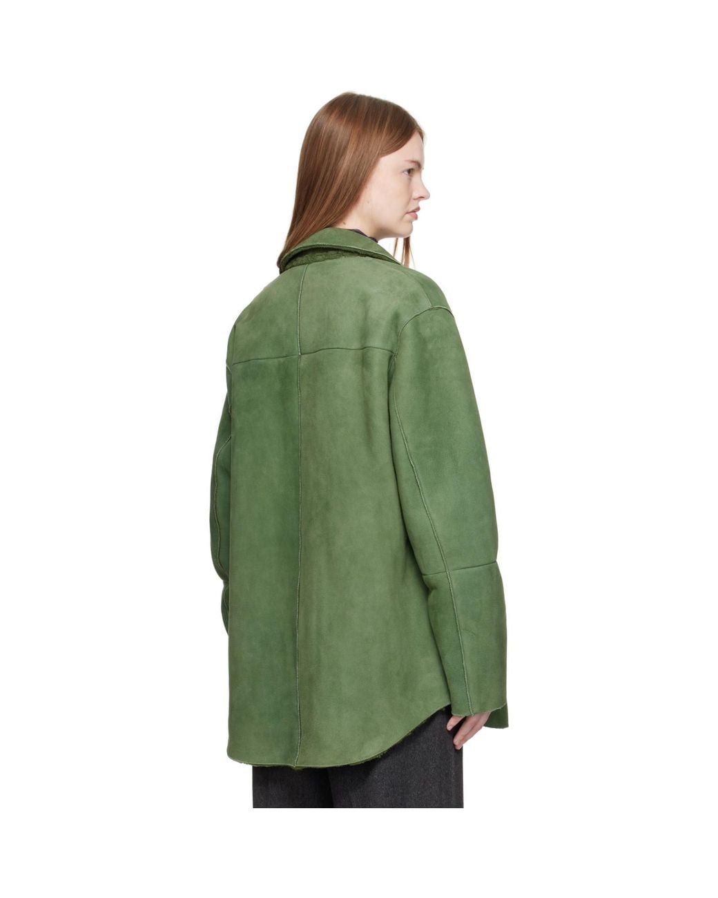 Auralee Green Merino Mouton Shearling Shirt Jacket