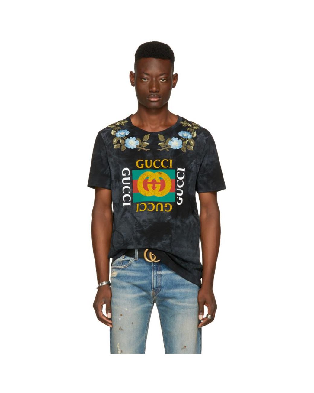 Gucci Black Floral Logo T-shirt for Men | Lyst