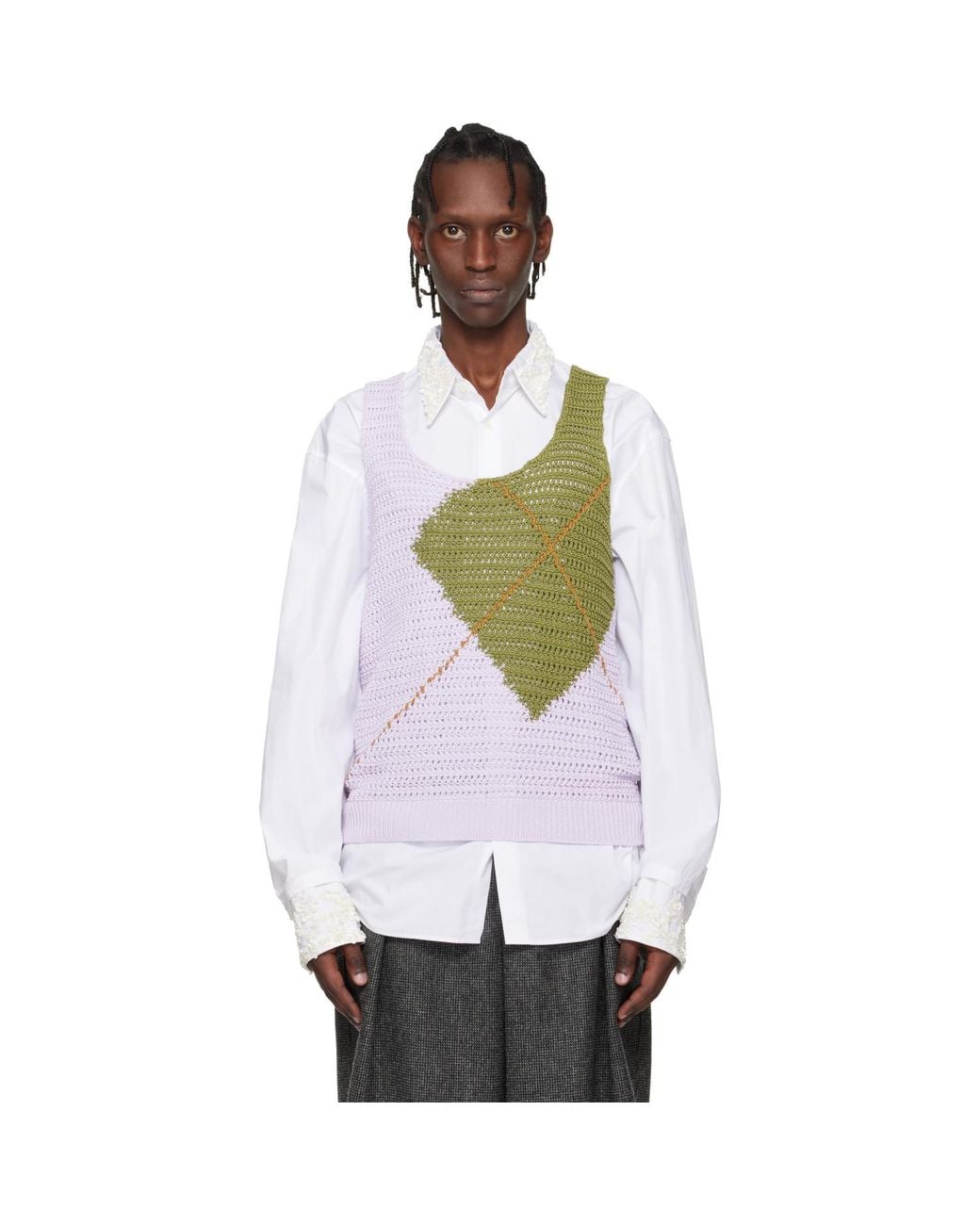 Dries Van Noten White Khaki Argyle Tank Top for men