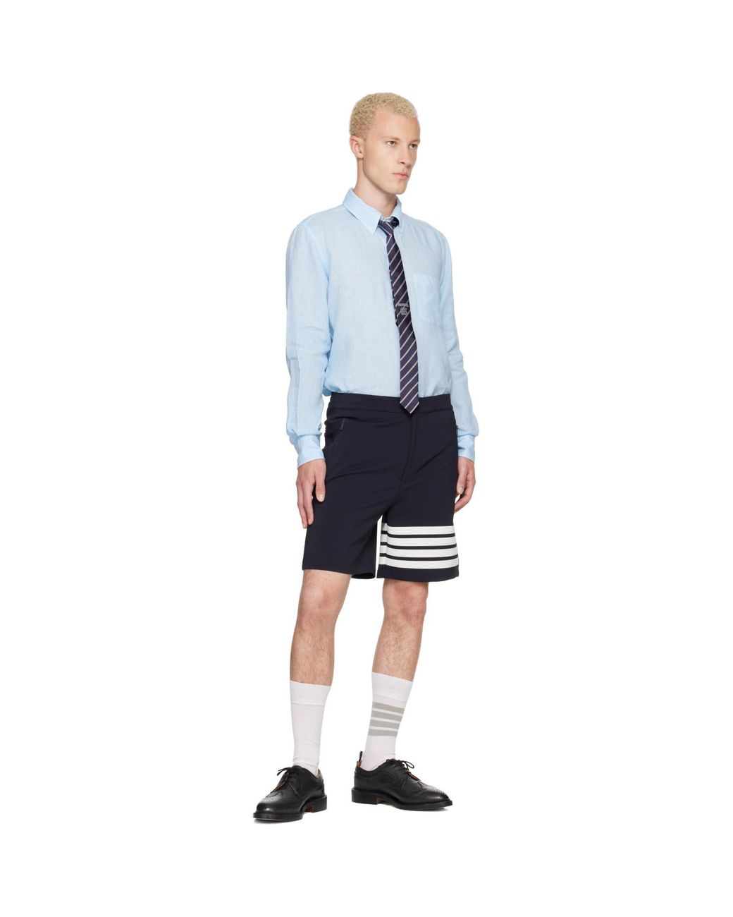 Thom Browne Blue Linen 4-Bar Shirt for men