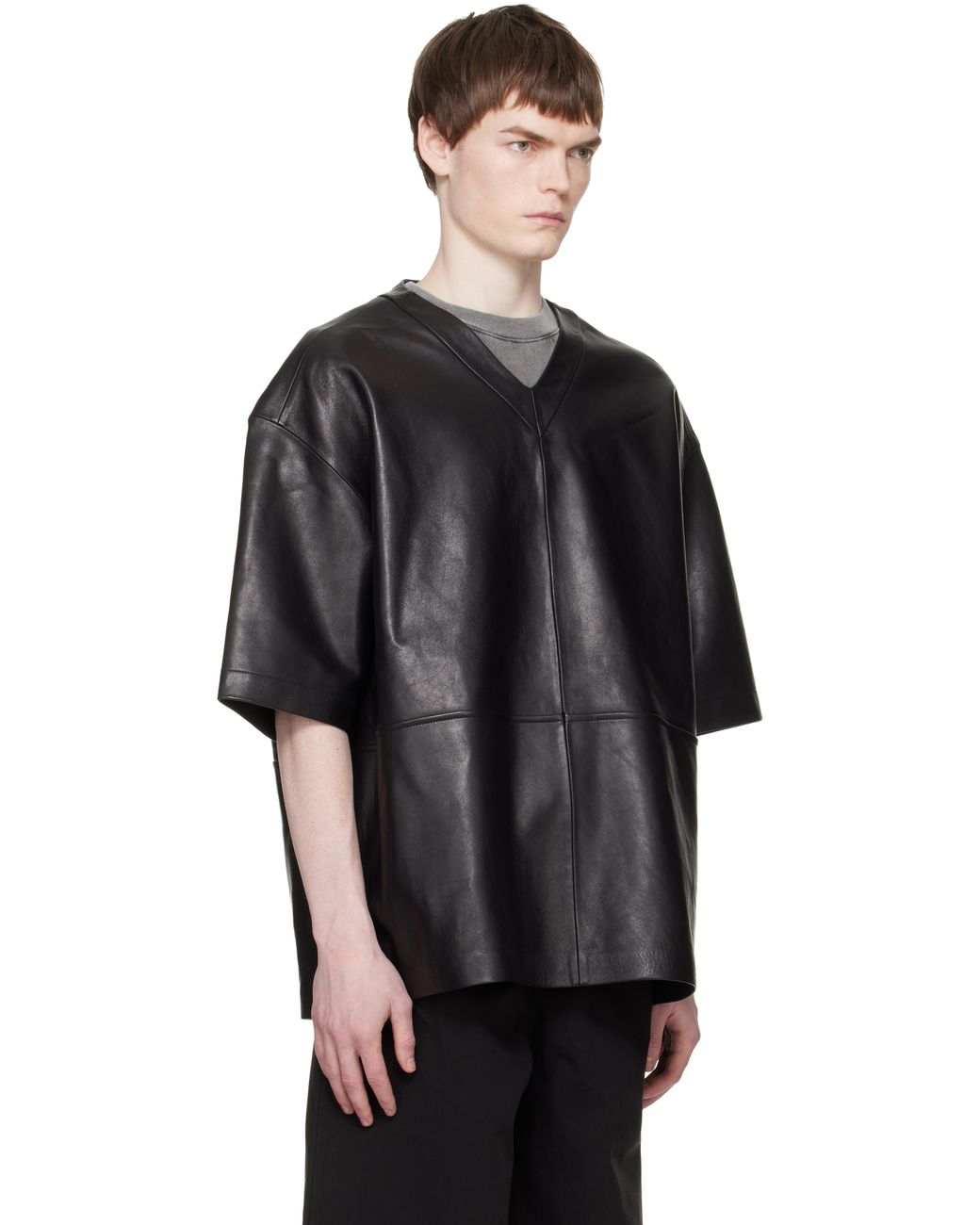 Entire studios Black V-Neck Leather T-Shirt for men