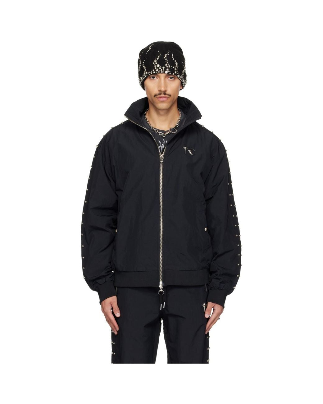 THUG CLUB Black Triple Line Stud Track Jacket for men