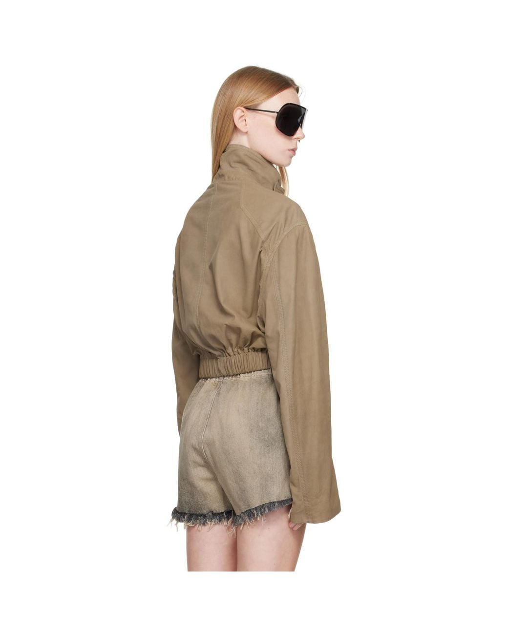 Rick Owens Brown Taupe Tower Collared Mac Leather Jacket
